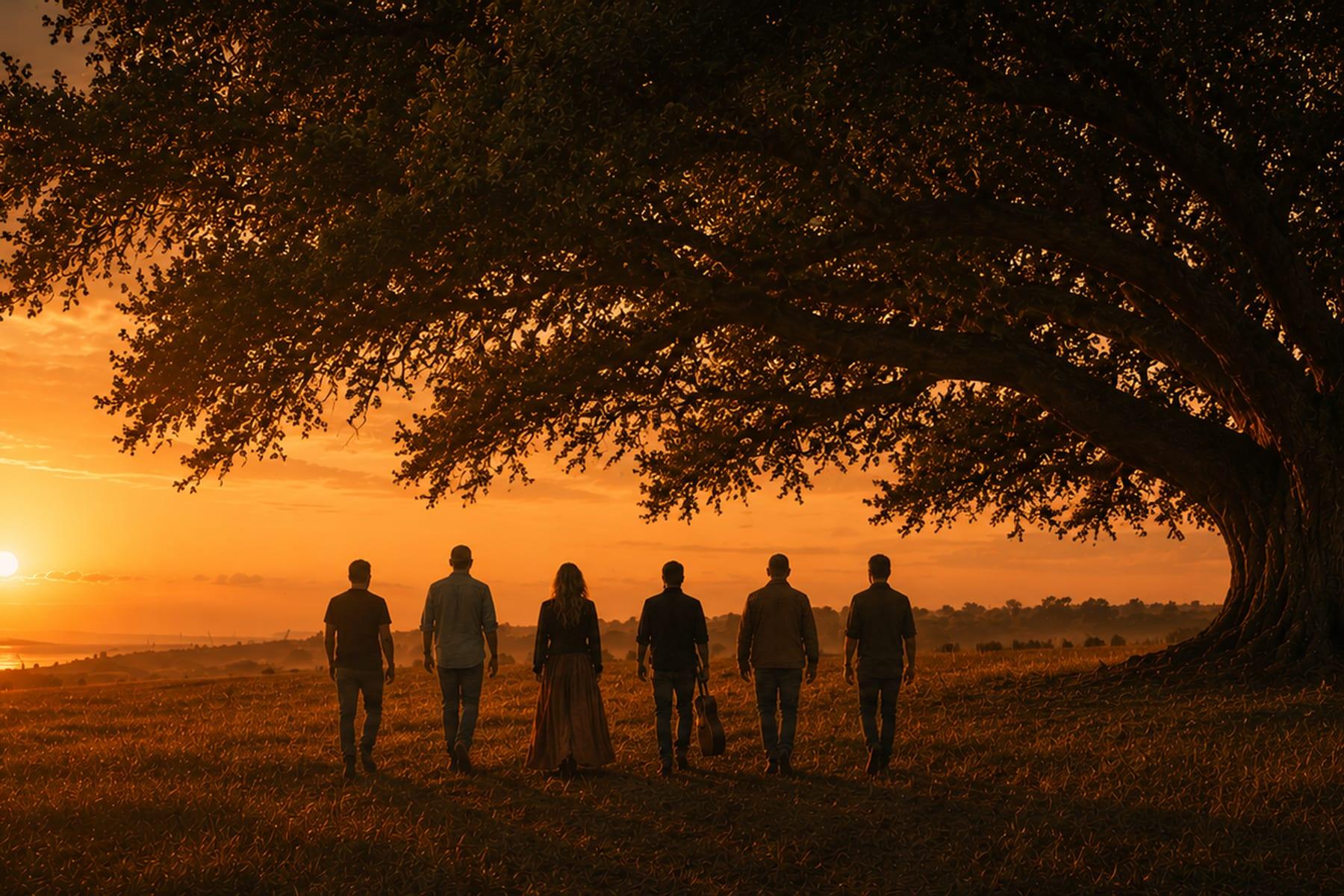 Angel Oak Orchestra — six silhouettes walking toward an ancient oak at sunset